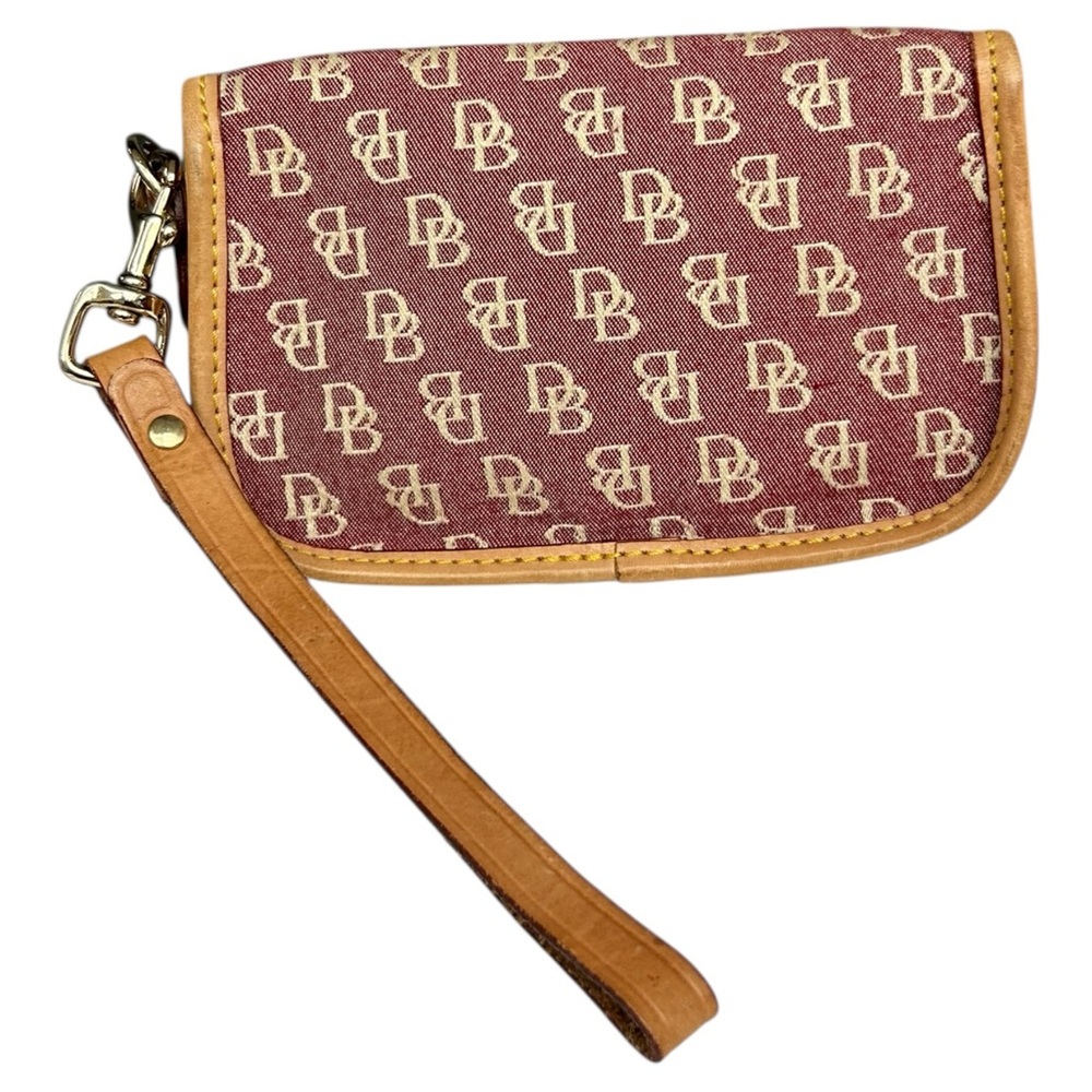 Dooney & Bourke DB Monogram Wristlet Pouch Burgundy Canvas Leather Trim - Picture 4 of 11